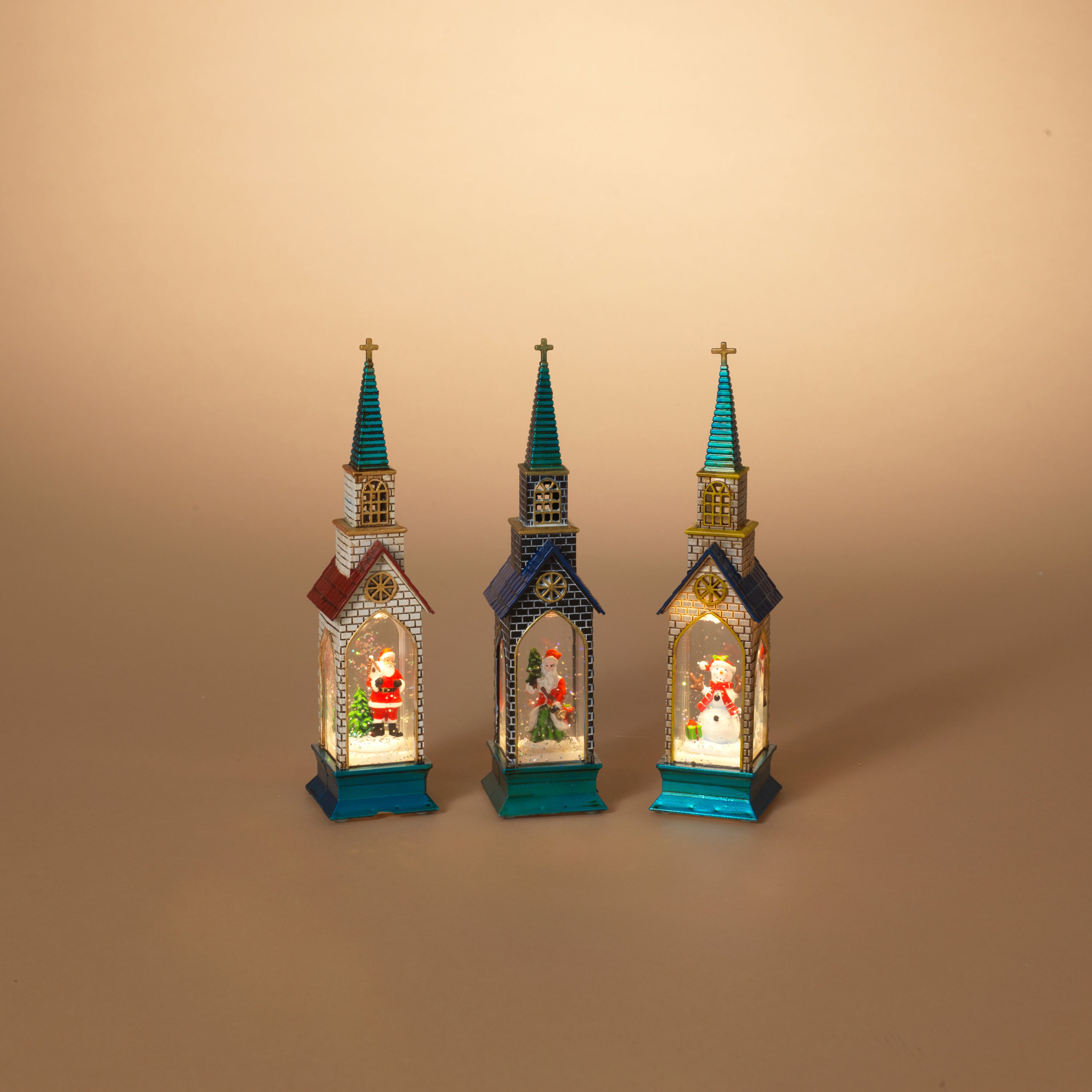 8.74 Inches High Battery Operated Lighted Holiday Water Globe Churches Set of 3 #2655110EC